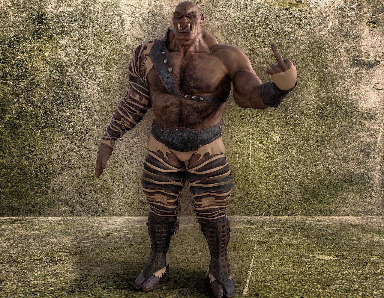 a muscular orc stands defiantly with an angry expression, giving the middle finger. he is adorned in worn, triballooking armor and stands against a weathered wall in a fantasy setting.