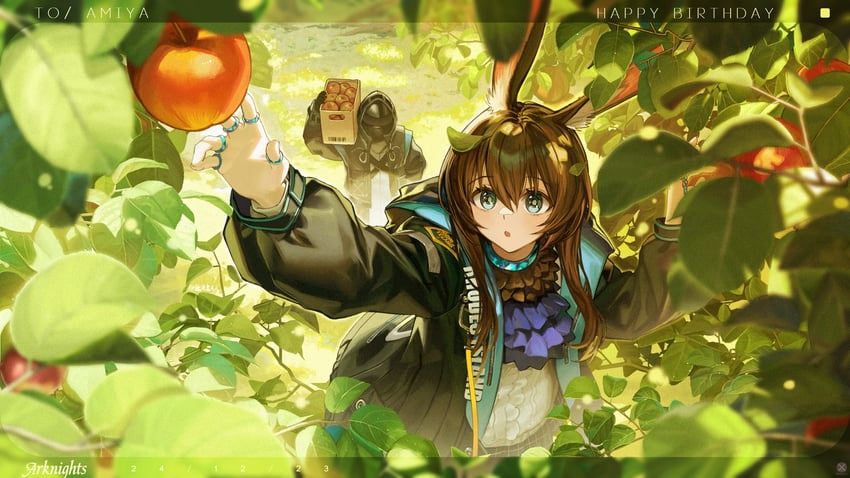 a vibrant digital fanart illustration depicts amiya, a character from the game arknights, celebrating her birthday.  she's depicted as an animestyle girl with brown hair and blue eyes, wearing a dark jacket with teal accents and rabbit ears.  she's happily picking apples from a tree, with another person in the background carrying a box of apples. the overall scene is lush and vibrant, filled with green leaves and sunlight, creating a joyful and festive atmosphere. the text "to/ amiya" and "happy birthday" is visible, further emphasizing the birthday celebration. the style is characteristic of anime and manga artwork. the image is rich in detail and color, and the expressions of the characters are wellrendered, conveying a sense of cheerfulness and celebration.