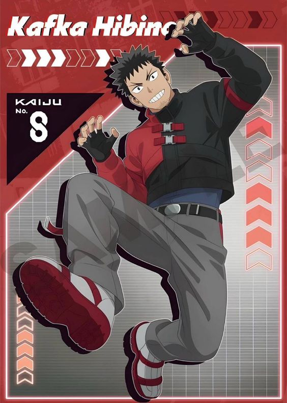 an anime character leaps towards the viewer, a feral grin on his face and claws extended. the art style is graphic and dynamic, emphasizing the character's energy and monstrous nature. the palette is bold, with red and black dominating, hinting at the character's fiery power and potential for destruction. the text "kafka hibino" identifies the character by name, while "kaiju no. 8" suggests he transforms into a powerful monster.