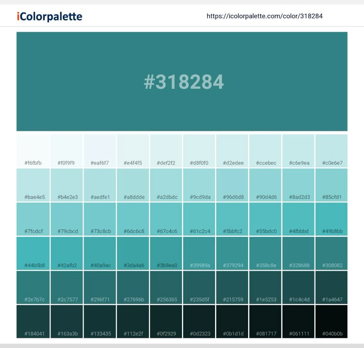 the image shows a color palette from icolorpalette with the hex code #318284. the palette displays a range of colors from light to dark, encompassing shades of teal, blue, and green. each color swatch is labeled with its corresponding hex code.