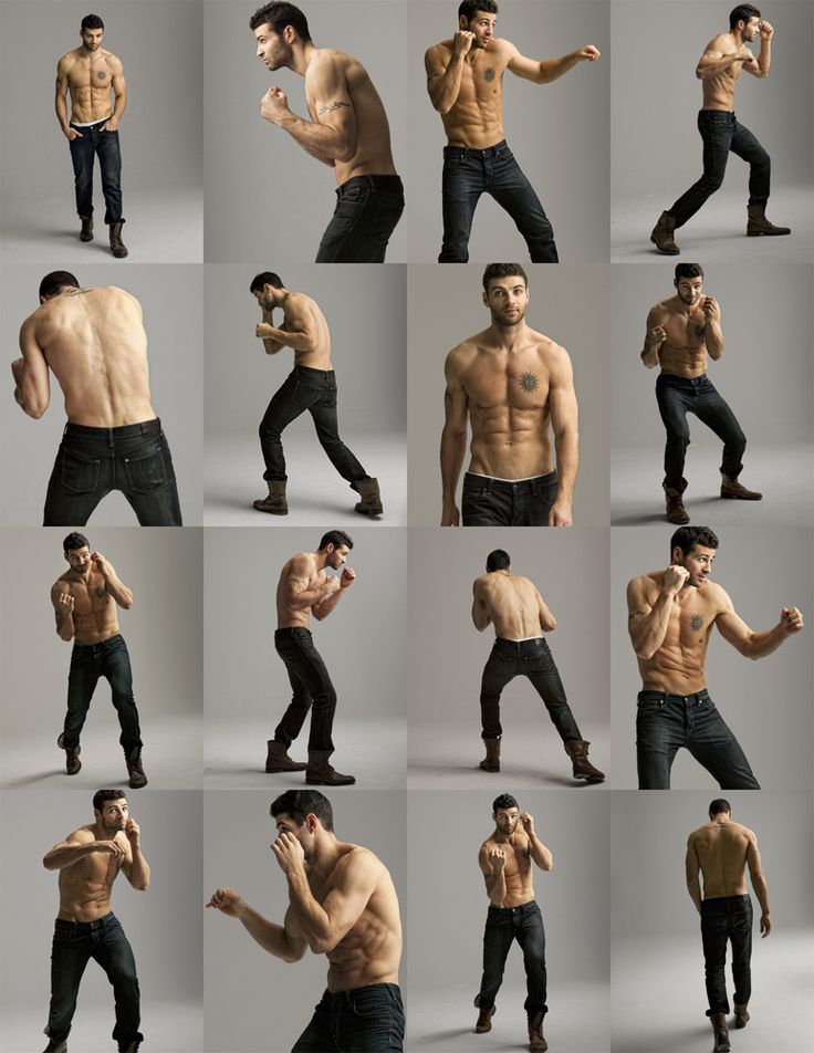 a collage of 16 images showcasing different poses of a muscular man in a studio setting. the man is shirtless and wears ripped jeans. the background is a simple, neutral gray color, allowing the focus to be on the man's physique and poses. he's displaying a range of postures, from relaxed standing to intense boxing stances, highlighting the muscularity of his body.  he's wearing dark brown leather boots in every image, creating a consistent visual element across the collection. the images also showcase his back, allowing viewers to appreciate the definition of his musculature.