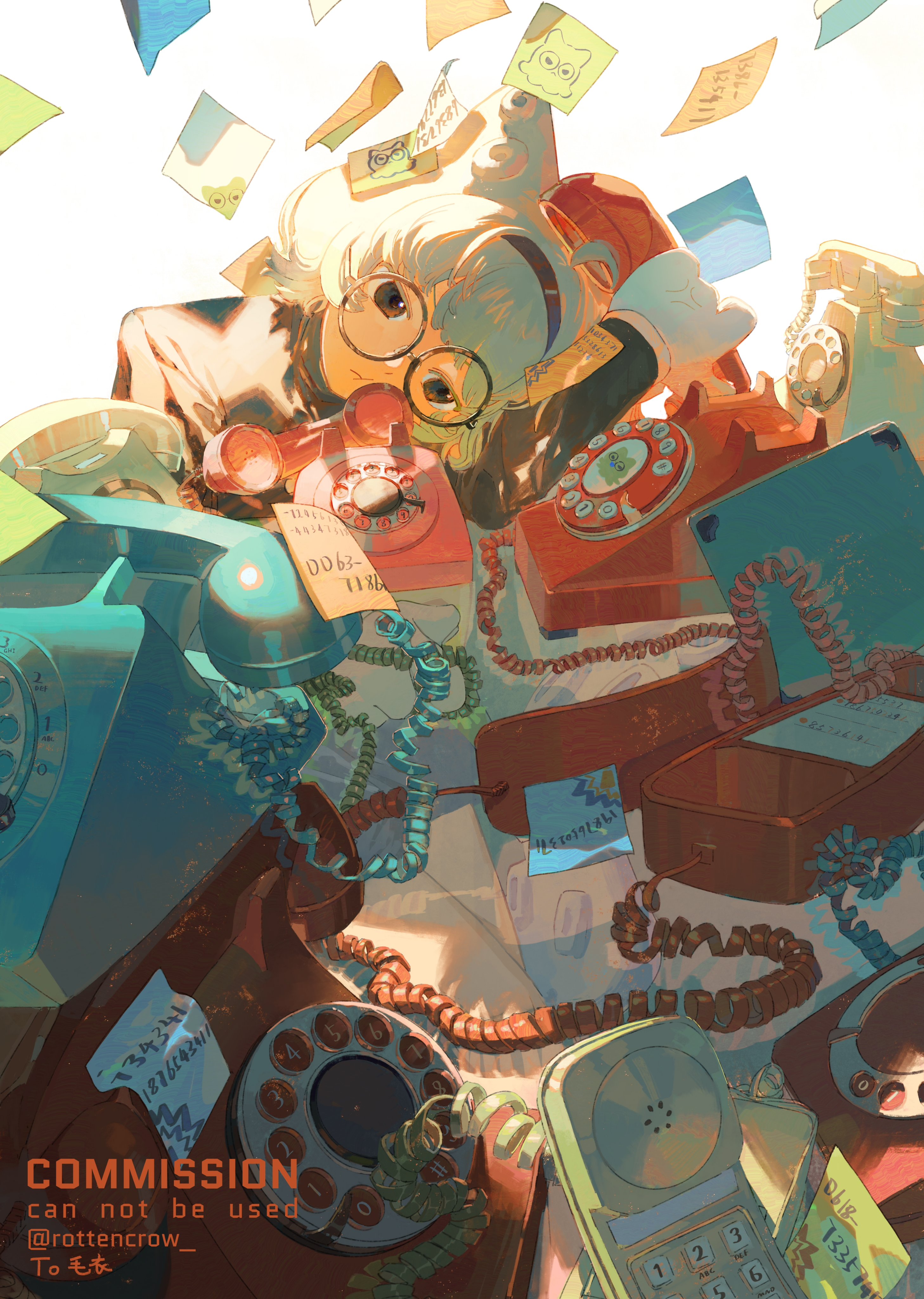 the illustration depicts an animestyled girl surrounded by various rotary phones. the girl has bright yellow hair, large green eyes, and is wearing a red and white outfit.  she is surrounded by an array of old telephones, some with cords, some without. some phones are in focus, while others are out of focus in the background.  the overall style of the illustration is whimsical and nostalgic, evoking a sense of the past and technology. the use of bright colors and simple lines creates a playful and eyecatching image.