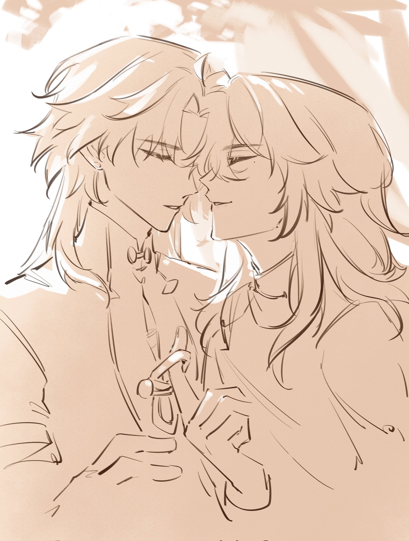 this is a delicate and romantic illustration of an anime couple, possibly drawn in the manga style. they are embracing each other