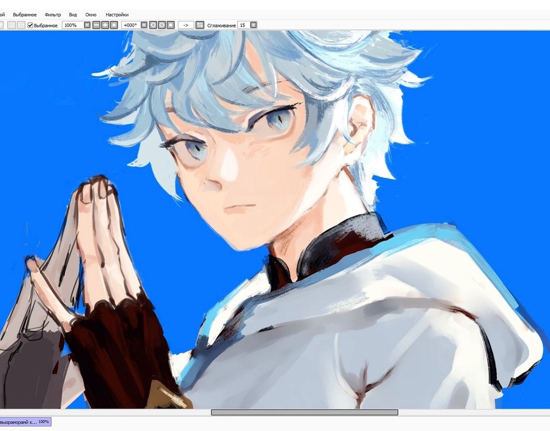 the image shows a closeup digital painting in progress of a young animestyle male character. he has short, light blue hair, light skin, and is wearing a white, hooded garment with dark gloves.  his hands are clasped together in a gesture of prayer or contemplation. the background is a solid, bright blue. the image also shows a portion of the digital art software interface in the top and bottom sections.  the style is loose and painterly, characteristic of digital painting using a brush tool.  the overall impression is of a work in progress, with visible brushstrokes and areas that haven't been fully refined.