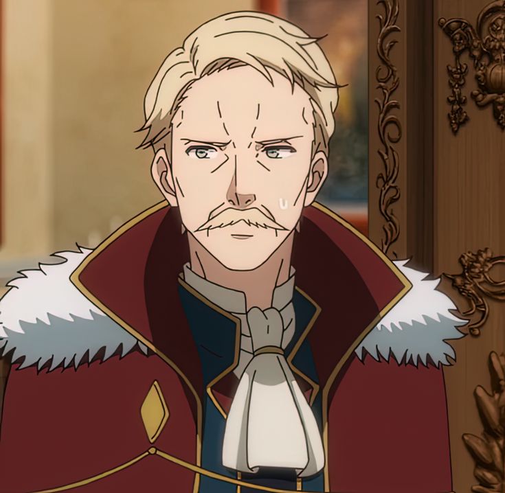 this is a cartoon drawing of a man. he is an anime character. he is wearing a red, gold, and blue, formal jacket with white fur trim. his hair is blonde and he has a mustache. he is frowning and has a sad expression on his face. he looks upset and concerned. he has a white, fabric collar around his neck. he appears to be wearing a buttoned jacket with a button on the front. he looks sad and concerned and is possibly worried.