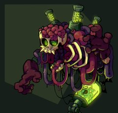 the image features a grotesque, cartoonish monster seemingly cobbled together from various organic parts. it has exposed bones, muscles, and organs, with tubes and vials filled with glowing green liquid attached to its body. the creature appears to be illuminated by a spotlight, casting dramatic shadows against the dark background, hinting at a laboratory setting.