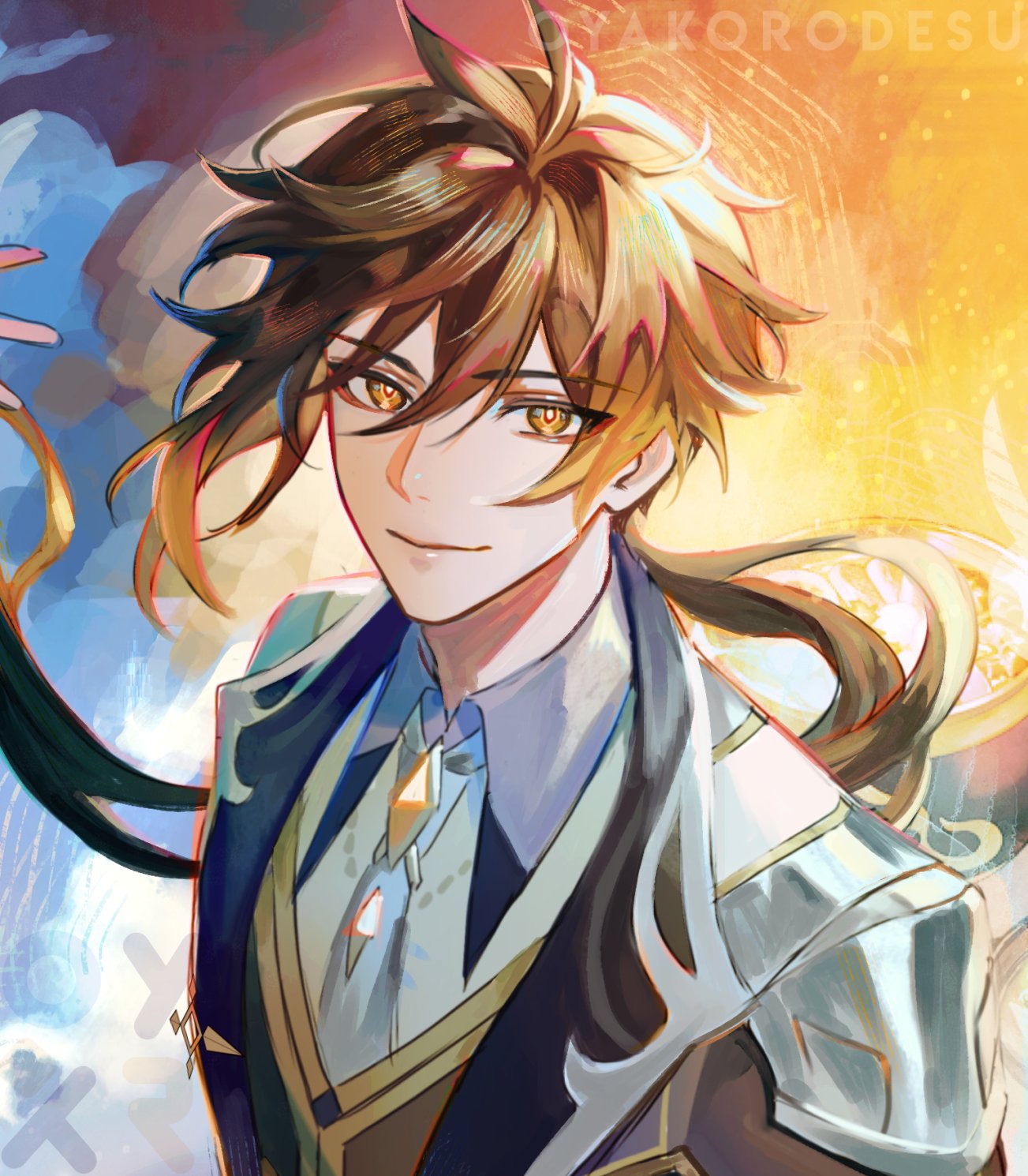 the image features a young male anime character with long brown hair and gold eyes. he is dressed in a stylish suit, and has a confident smile. he is standing in front of a colorful, abstract background, and appears to be in a powerful and magical pose. the image is dynamic and dramatic, and suggests that the character is a powerful and magical warrior.