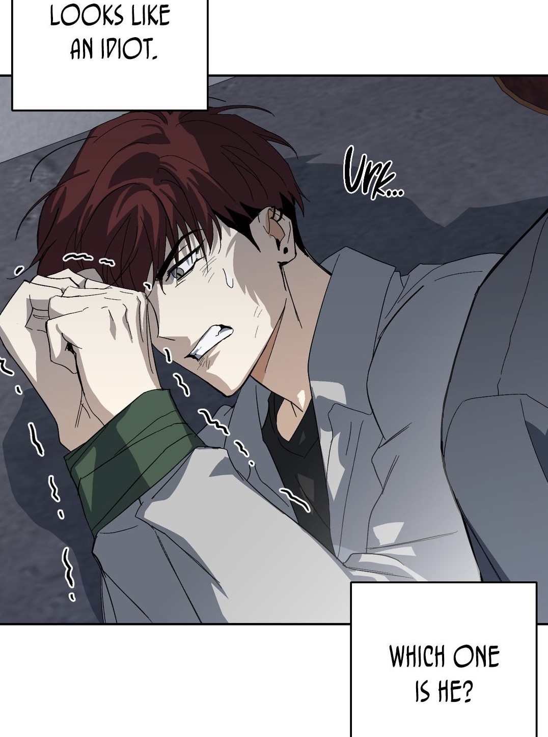 he image is a closeup illustration from a manga or manhwa, depicting a young man with red hair who appears to be in significant distress. he's clutching his head, his facial expression conveying pain, stress, or anxiety.  the background is dark and muted, complementing the character's emotional state. speech bubbles contain text, suggesting dialogue or narration from a story. the overall style is reminiscent of anime or manhwa graphic novels. the artistic style is detailed and expressive, particularly in the character's facial features and body language.