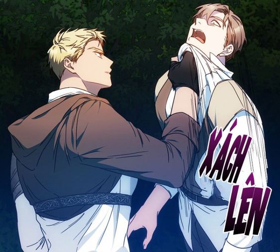 the image depicts a dramatic struggle between two men in a dimly lit forest setting.  one man, with blonde hair, has the other, a brownhaired man, by the throat, pulling him close. the scene conveys a sense of aggression and power imbalance. the art style suggests it could be from a manhwa or fantasy genre.