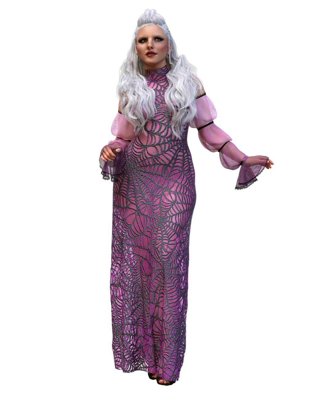 a full shot of a woman in a pink spiderweb gown, with long gray hair. she is standing with her arms slightly extended. she has pale skin and red lips. her dress has sheer sleeves that are gathered at the upper arm. her hair is styled up in the front and long in the back. the background is black.