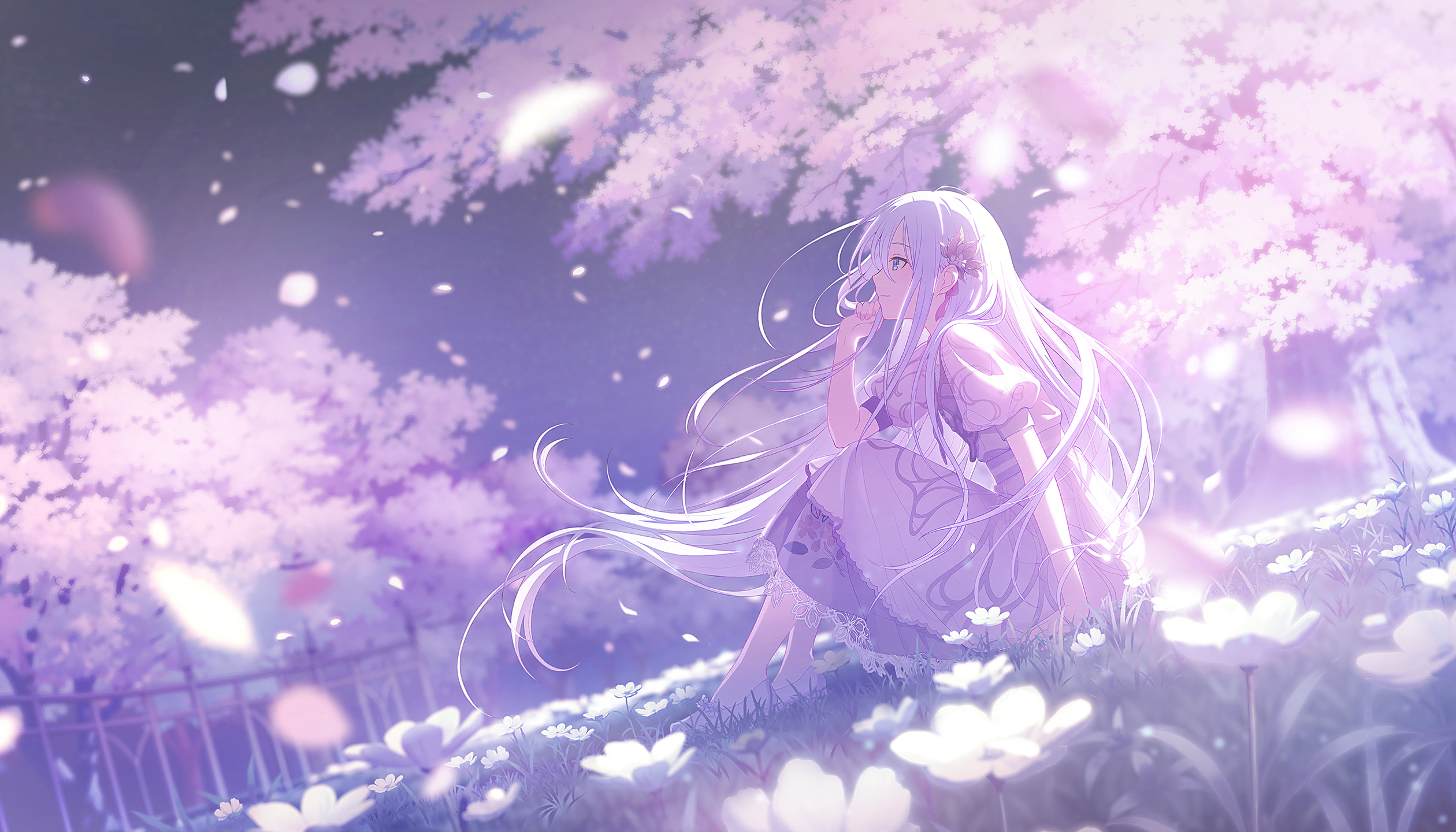 a young anime girl with long white hair is sitting in a meadow filled with white flowers. she is wearing a white dress and appears to be deep in thought. the scene is bathed in a soft, purple light, with cherry blossom trees in the background and petals gently falling. a fence can be seen in the lower left corner. the overall atmosphere is serene and peaceful.
