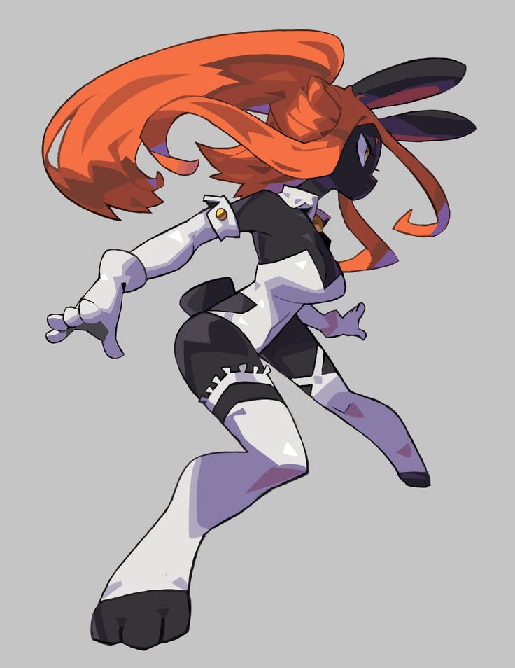this is a digital illustration of a cartoon anime girl with bunny ears. the character has black, white, and orange colored hair, and is wearing a black and white maid outfit.  she has long, black bunny ears with a white outline and her hair is flowing behind her as if she is running. the background is a light gray color.  the art style is cartoon like and cute.