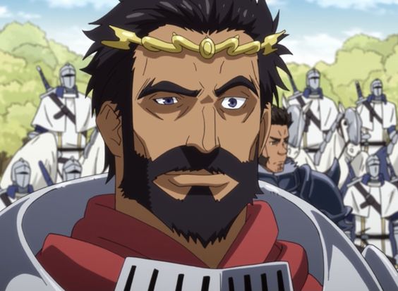 this is a closeup portrait of an anime character who appears to be a king. he has short, spiky black hair, a short, trimmed beard, and brown eyes. he is wearing a gold crown with a circular emblem on his forehead. the king is dressed in red and gray armor, suggesting he is prepared for battle. he has a stern expression on his face. the background suggests he is outdoors, likely on a battlefield, as evidenced by the armored figures and horses behind him.
