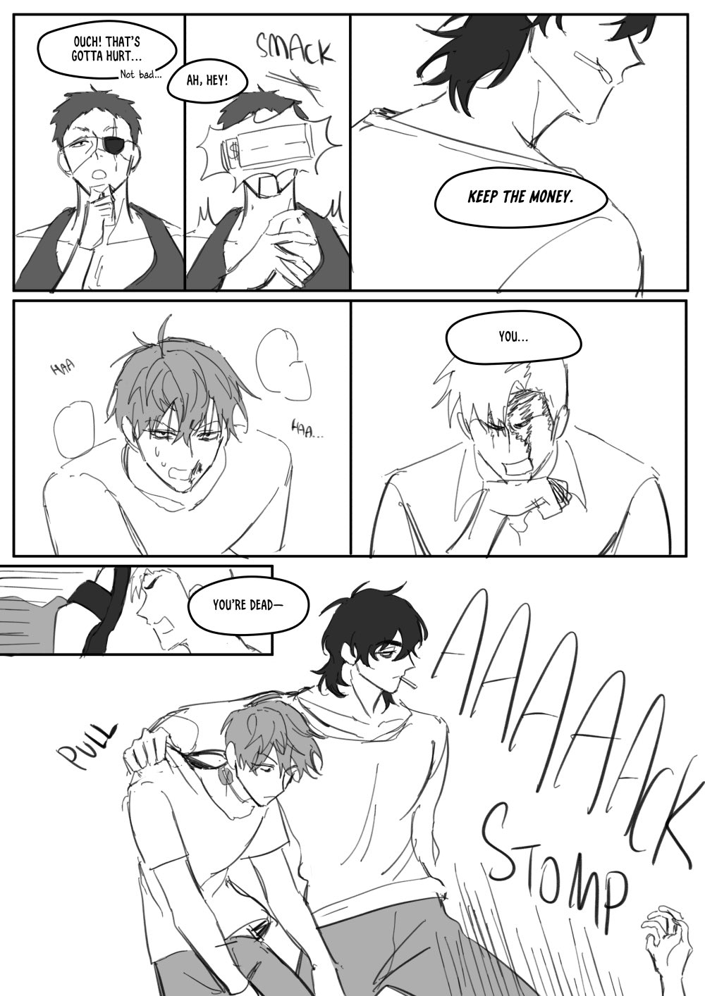 this is a manga comic strip of a fight scene. the first panel shows a character being punched in the face, while the second panel shows a character being kicked and the third panel shows the character being thrown to the ground. the characters are all dressed in casual clothing and they are using their hands and feet to fight. the comic is drawn in black and white and uses a lot of dynamic poses to show the action.