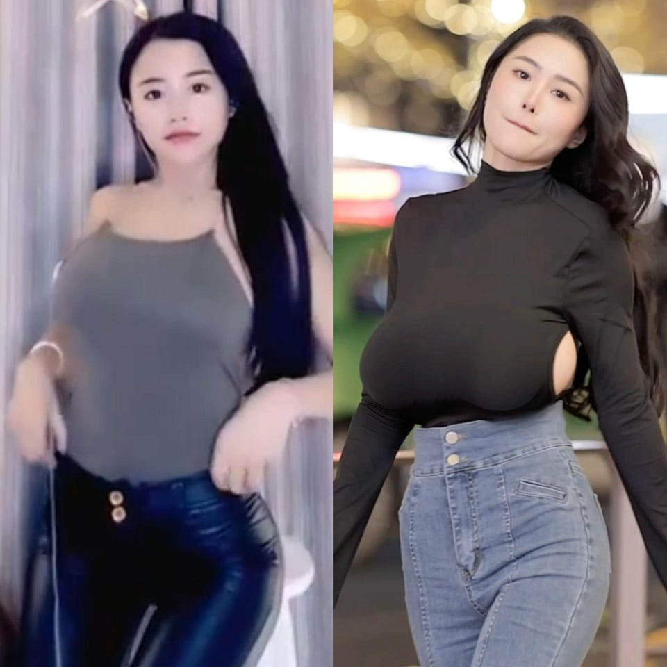 the image is a splitscreen comparison of the same asian woman. on the left, she's wearing a grey tank top and black leather pants. on the right, she's wearing a longsleeved black turtleneck top with cutouts and highwaisted blue jeans. the photo highlights her figure and a possible transformation in style or appearance.