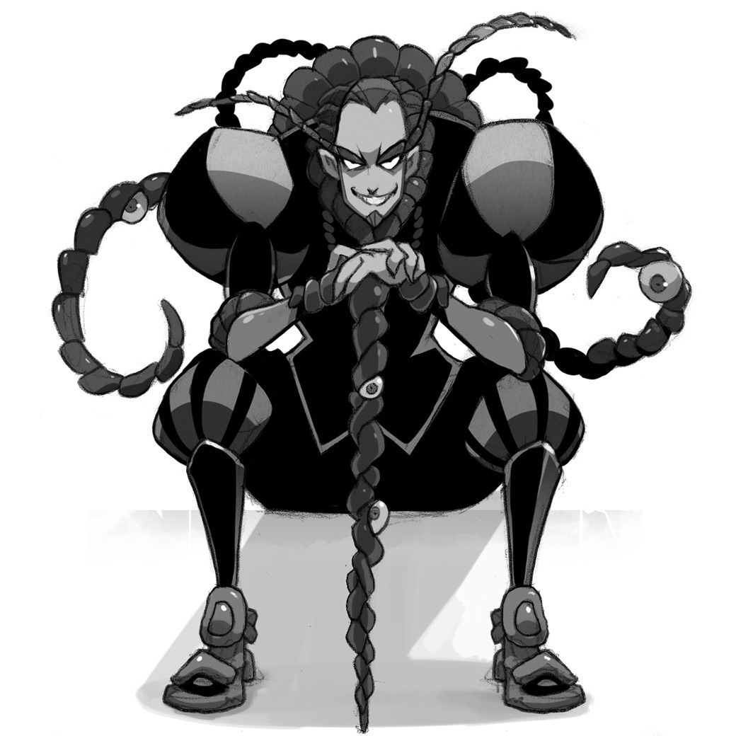 the image showcases a black and white character design of what appears to be a scorpionthemed villain. the character is perched on something, leaning forward with a menacing grin and wielding a staff. their design is stylized with exaggerated features, including large scorpion claws replacing their hands, shoulder pauldrons resembling a scorpion's back, and multiple eyes adorning their claws and staff. they wear a costume with patterns evocative of a scorpion's segmented body.
