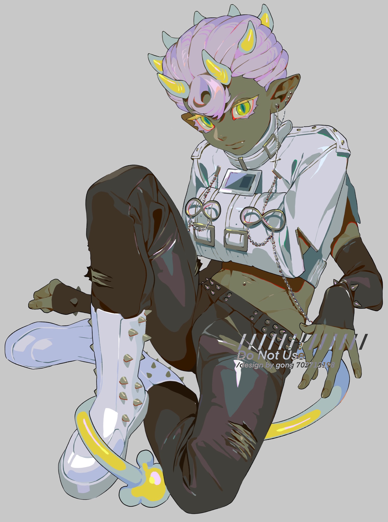 a fullbody illustration depicts a fictional character in a casual pose against a plain gray backdrop. the character has light purple hair, yellowish horns, and green eyes. they wear a cropped, white jacket with short sleeves and a zipper, paired with black leggings that are ripped at the knees. a studded belt circles the waist, and white boots with spikes adorn their feet. various accessories, including earrings, piercings, and chained jewelry with infinity symbols, complete the character's look. they also have a tail that appears to be blue with yellow markings.