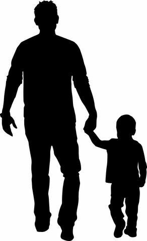this is a silhouette image of a father and son walking hand in hand. the father is taller and is leading the way. the son is smaller and is following his dad. the image evokes a sense of love, togetherness, and family bonding.