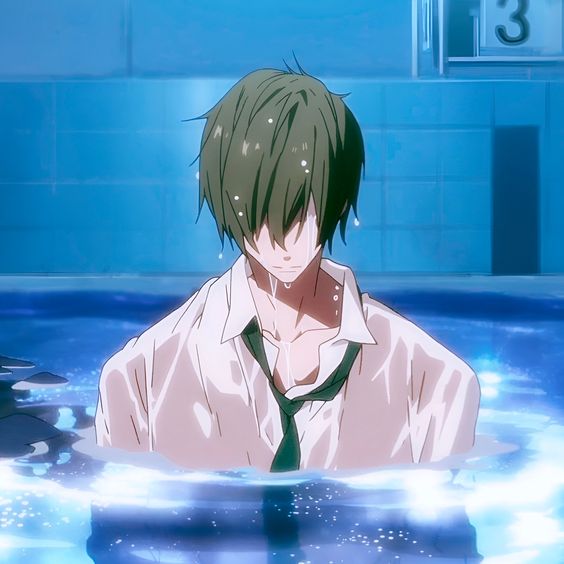 an illustration of an anime boy with green hair and brown eyes, wearing a wet white shirt and green tie. he is standing in a swimming pool with a sad and emotional expression. the background features the blue tiles of the pool and the reflective surface of the water.