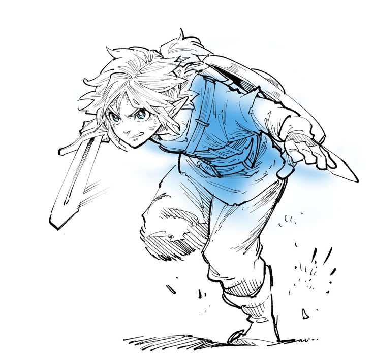 a fullbody drawing of link from the legend of zelda, in an action pose. he is running forward with a determined look, wielding a sword and carrying his shield on his back. he is wearing his signature blue tunic and pants. the art style resembles manga or anime.
