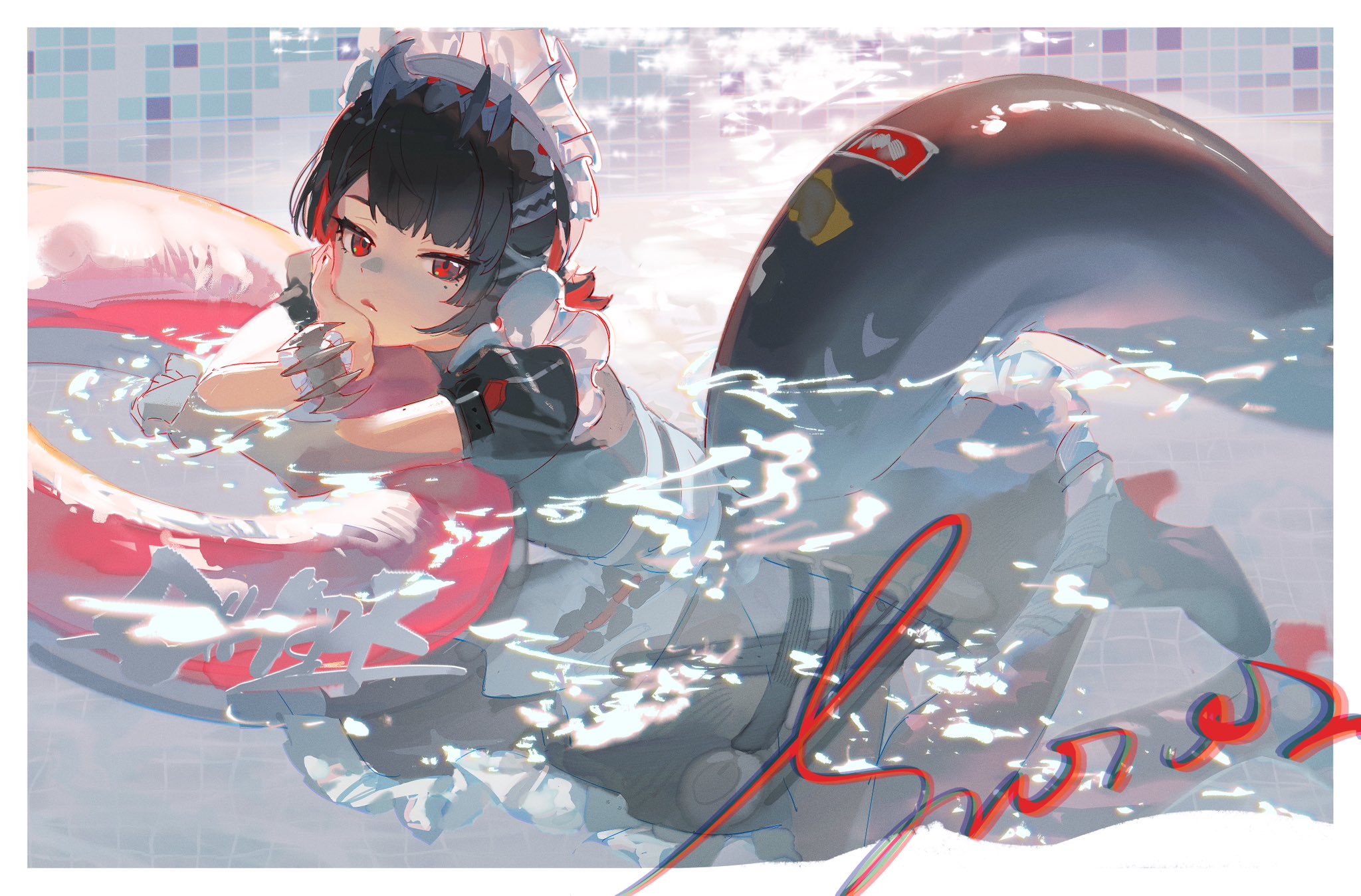 the image is a digital painting of an animestyle girl. she has black hair with red horns, red eyes, and is wearing a maid outfit. she's sitting in a red inflatable ring in a swimming pool. the water is depicted with sparkling effects and a somewhat blurry quality. a large, dark, possibly aquatic creature is partially visible behind her in the water.  the overall style is soft and dreamy, with bright and pastel colors, and there are red stylized scribbles in the lower right corner. the girl looks relaxed and content.