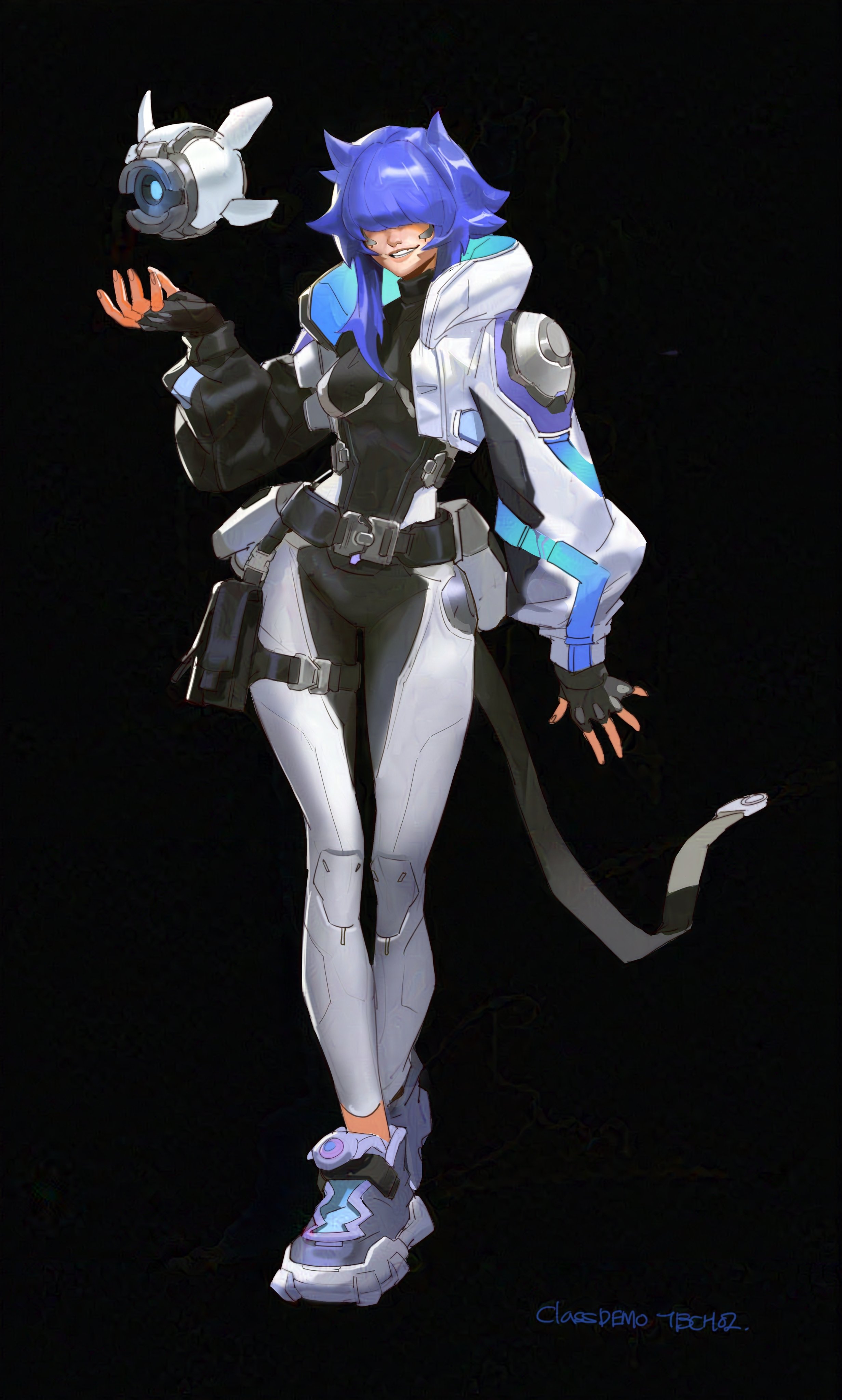 the image showcases a digital painting of a female anime character in a cyberpunk style. she's dressed in a futuristic white and black suit with hints of blue, accessorized with cat ears and a small, round technological device she's holding. her blue hair is short and styled sharply. the character has a somewhat serious expression and a confident pose.  she is set against a plain black background, emphasizing her design and attire. the artist's signature, "closedemo tech02," is visible in the bottom right corner.  the overall style suggests the character might be from a video game or anime.