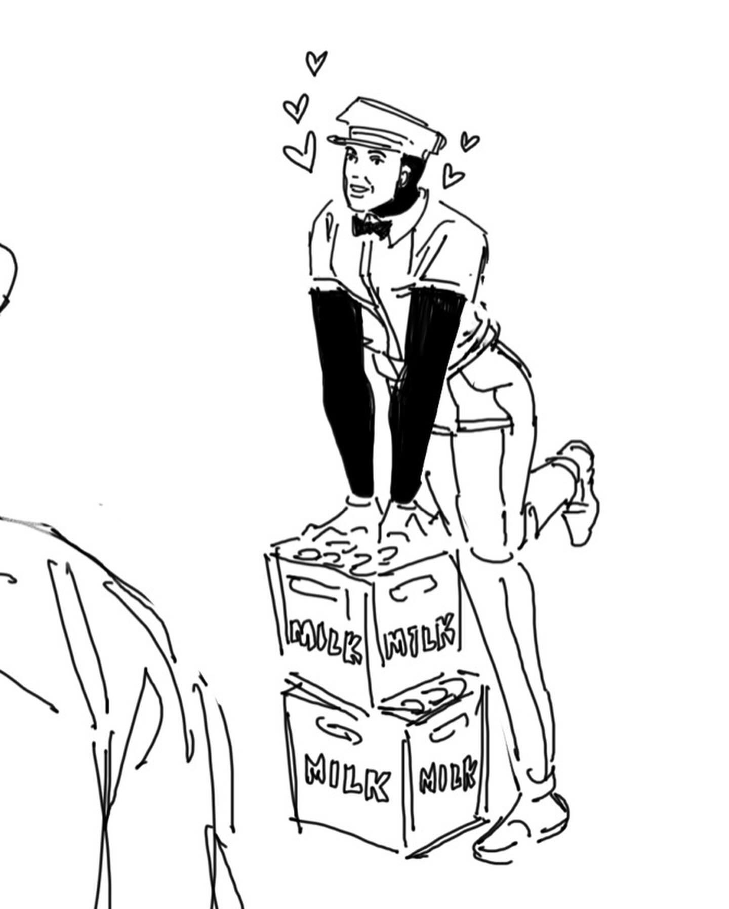 this is a black and white sketch of a milkman in a pinup pose. he is shown from the