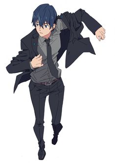 an anime boy with blue hair and blue eyes is dashing while wearing a black business suit with the jacket off his shoulders. he is wearing a light blue dress shirt and black tie.