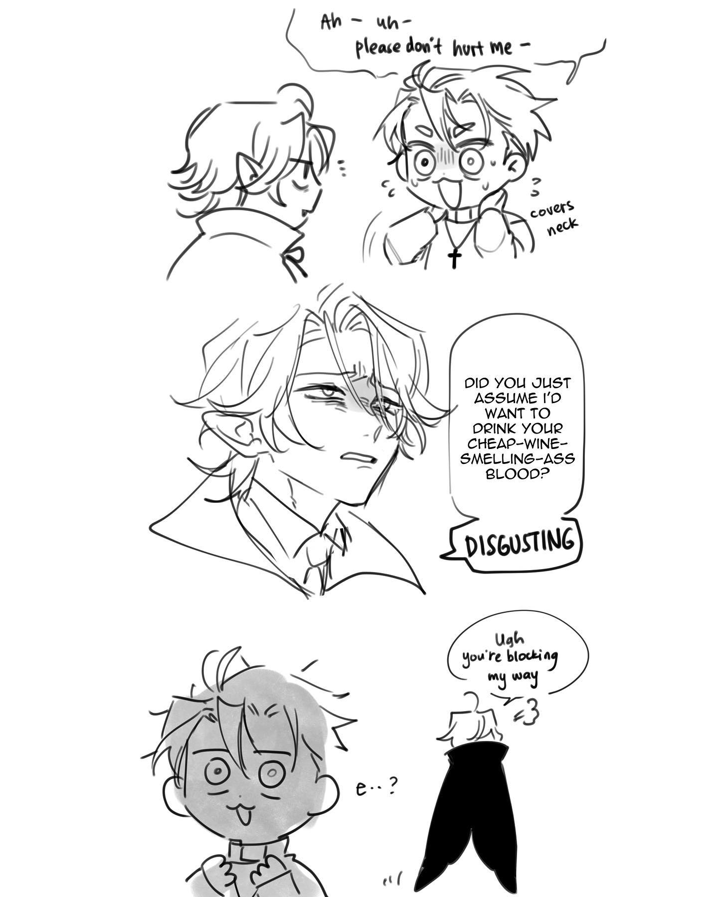 a four panel black and white manga page depicting a humorous interaction between a priest and a vampire. the priest mistakes the vampire's intentions, assuming he wants to drink his blood and calls it "cheapwinesmellingass blood". the vampire is disgusted and says "ugh you're blocking my way".