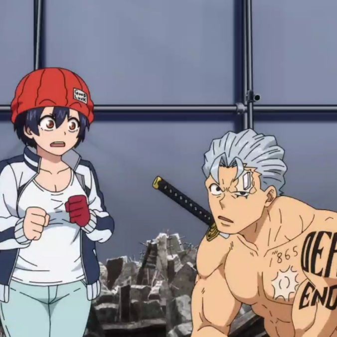 a young woman with short black hair and wide eyes stands to the left, looking surprised. she wears a red beanie, a white tank top, a blue and white zipup jacket, and blue pants.  on the right, a very muscular man with grey hair and tattoos stands with his back partially turned. he is shirtless and wears grey pants. he is looking at the woman with a surprised expression. the background suggests a construction site with cinder blocks and metal scaffolding.