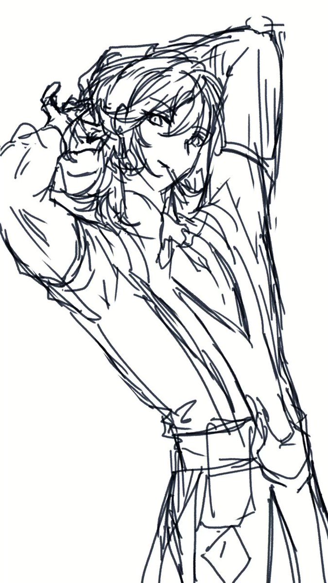 this is a black and white line drawing of an anime male character with long hair, wearing a longsleeved shirt. the character is drawn in a dynamic pose with their arm raised and their hand near their head. their expression is one of mild interest. the drawing is done in a simple style with emphasis on lines and shading. it is a typical example of an anime or manga drawing.