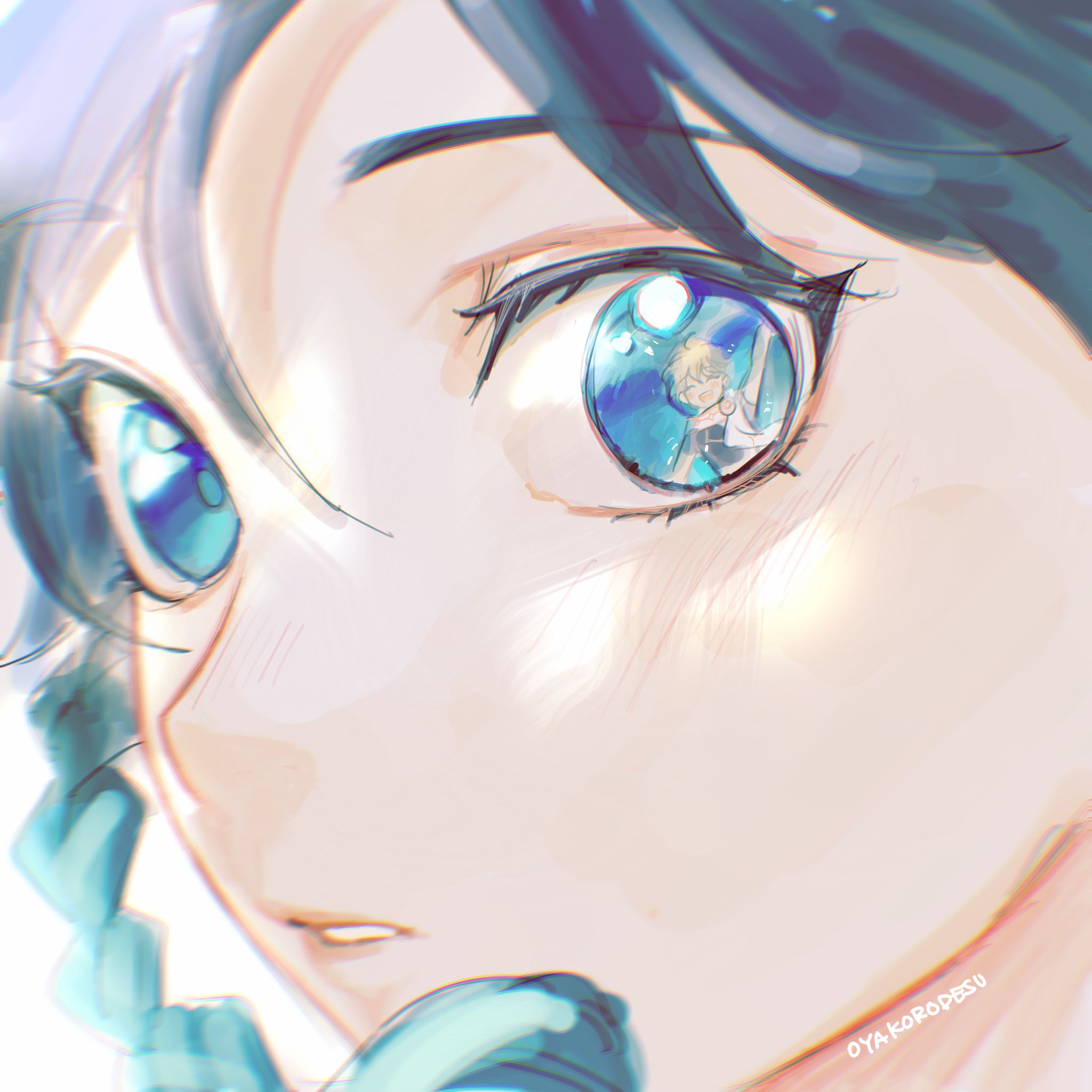 this is a digital illustration of an anime girl with blue hair and blue eyes. she is looking up at something, and her reflection in her right eye shows a scene of water and clouds. the image is close up and focused on the girl's face. the overall mood of the image is dreamy and ethereal.