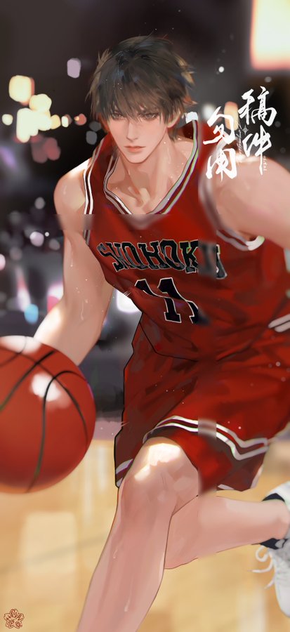 a digital illustration of a young man in a red basketball uniform, reminiscent of the character rukawa kaede from the anime slam dunk. he's dribbling a basketball on an indoor court at night, bathed in the artificial glow of the court lights. the perspective is low, emphasizing his athletic build and the dynamic pose. the overall style is reminiscent of japanese manga and anime, with detailed linework and vibrant colors.
