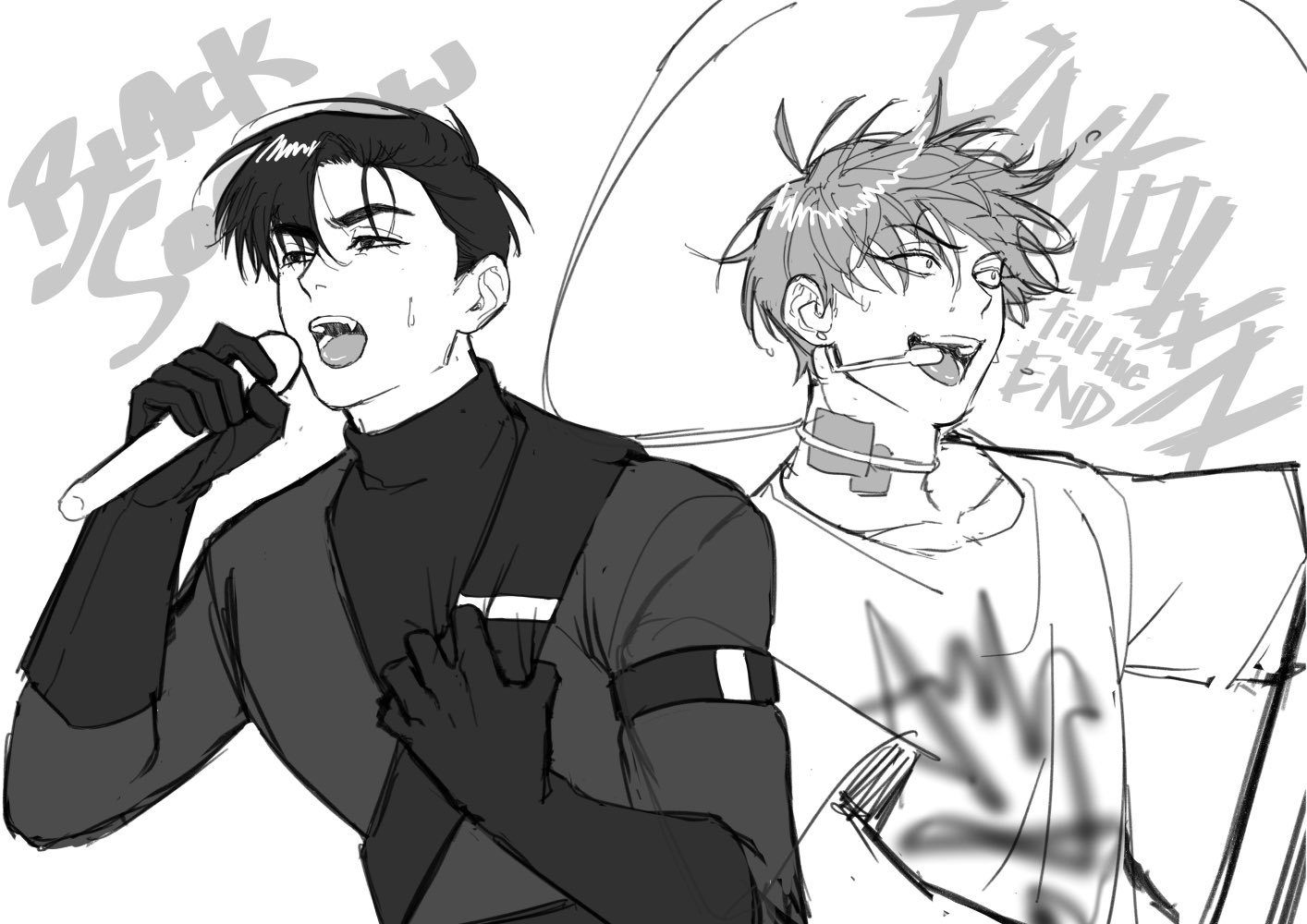 two male anime characters are singing, one holding a microphone and one with his mouth open. they are both sketched in black and white. the character on the left wears a black jacket and black gloves and the character on the right wears a white shirt with a black design.  the character on the right has a bandage around his neck and the character on the left has a black sleeve on their left arm. the left character has the word "black" written on their left side. the background says "till the end."