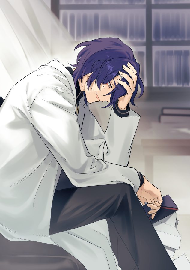 a young anime boy with purple hair and white shirt is sitting with his head down, his right hand resting on his head. he's wearing black pants and is holding a book.  the background is a blurry image of a bookcase with books.