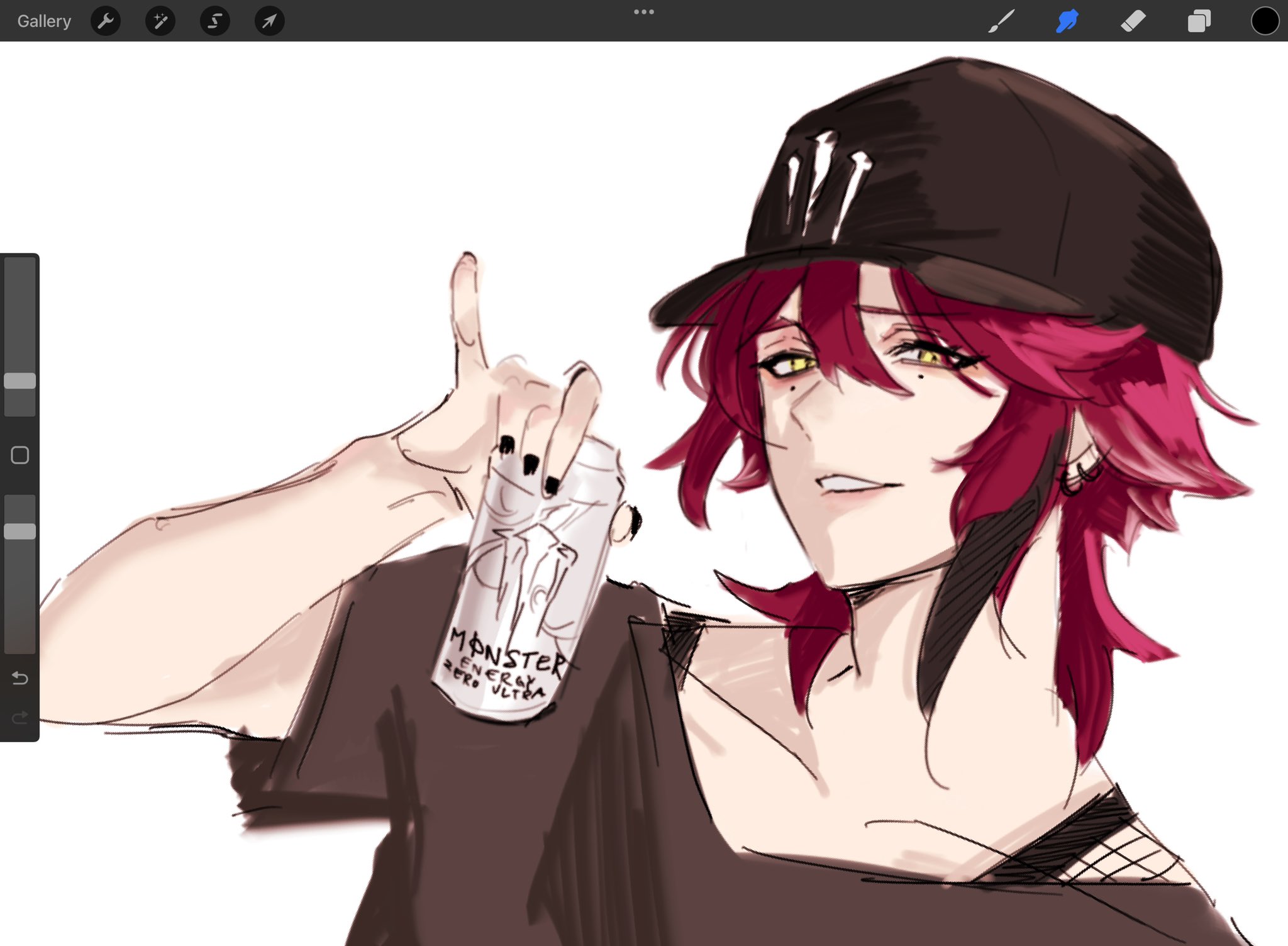 this anime illustration shows a male character with long red hair and black eyeliner. he is wearing a black shirt and a black hat with silver spikes. he is smiling and holding a can of monster energy.