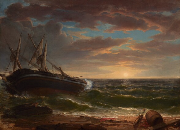 a painting depicting a shipwrecked vessel on a beach at sunset. the ship, with broken masts and torn sails, is being battered by waves. debris, including a barrel, is scattered along the shoreline. the sky is filled with dark clouds, illuminated by the setting sun on the horizon. the ocean is turbulent with large, green waves crashing onto the beach.