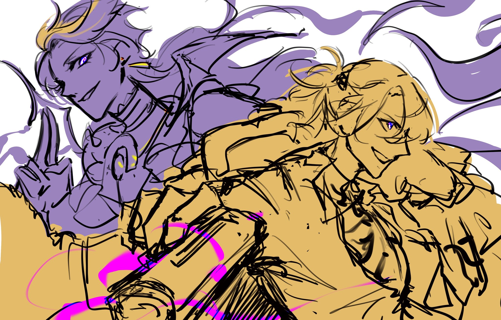 this is a digital drawing of two anime characters. one is a male with purple hair and the other is a male with blonde hair. they are both wearing different clothes and are in the middle of a dynamic pose. the drawing is in a sketch style and is a good example of a visual representation of a story or scene.