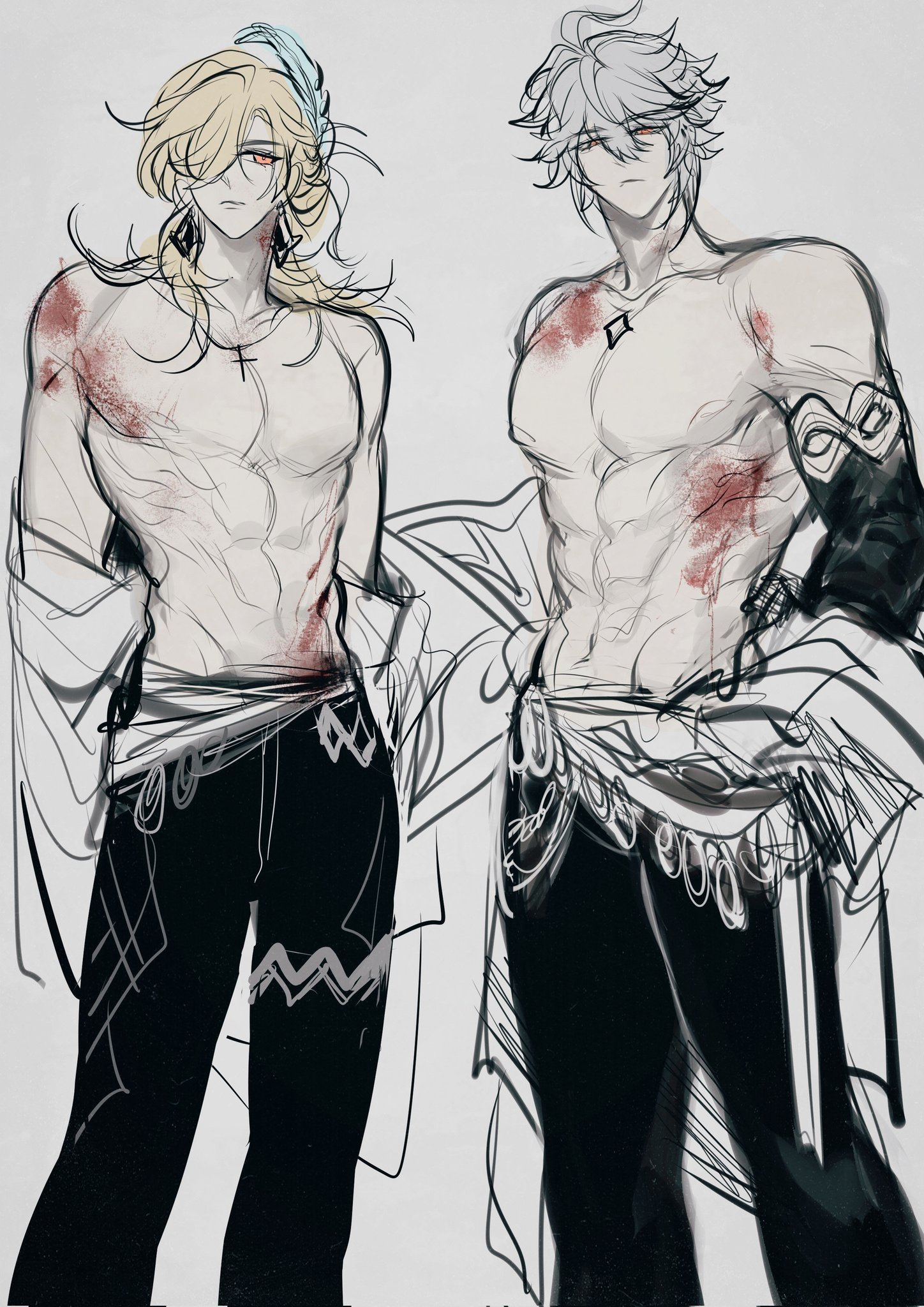 the image is a digital fanart depicting two shirtless, muscular men, possibly characters from an anime or manga series.  both men are wounded and scarred, suggesting a recent battle.  one has long, blonde hair and is wearing dark pants, while the other has long, silver hair and dark pants with additional wrappings.  the art style is a mix of sketch and line art, with a blend of grey tones and darker blacks.  the figures are fairly detailed, particularly in their musculature. the background is a light grey, which emphasizes the figures.  the image shows the characters from the chest up to their lower legs.