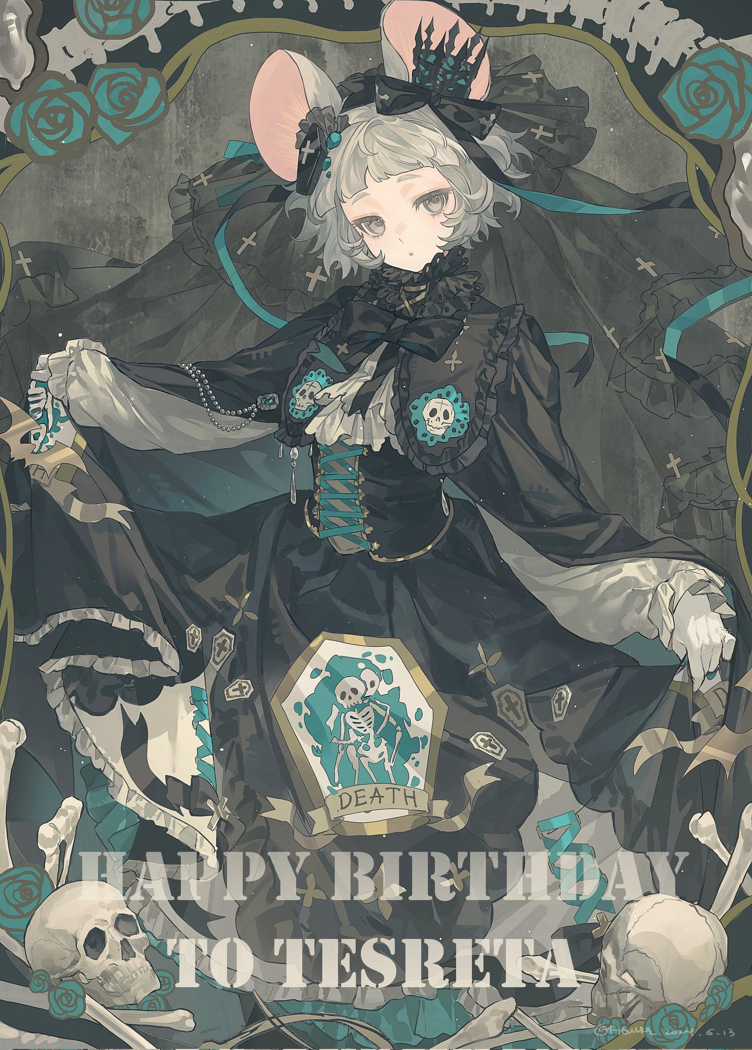 the image features an animestyle illustration of a gothic lolita girl with mouse ears. she is dressed in a black dress adorned with skulls, ribbons, crosses, and a coffin design with skeletons. the background includes skulls, roses, and a frame. text reads "happy birthday to tesreta".