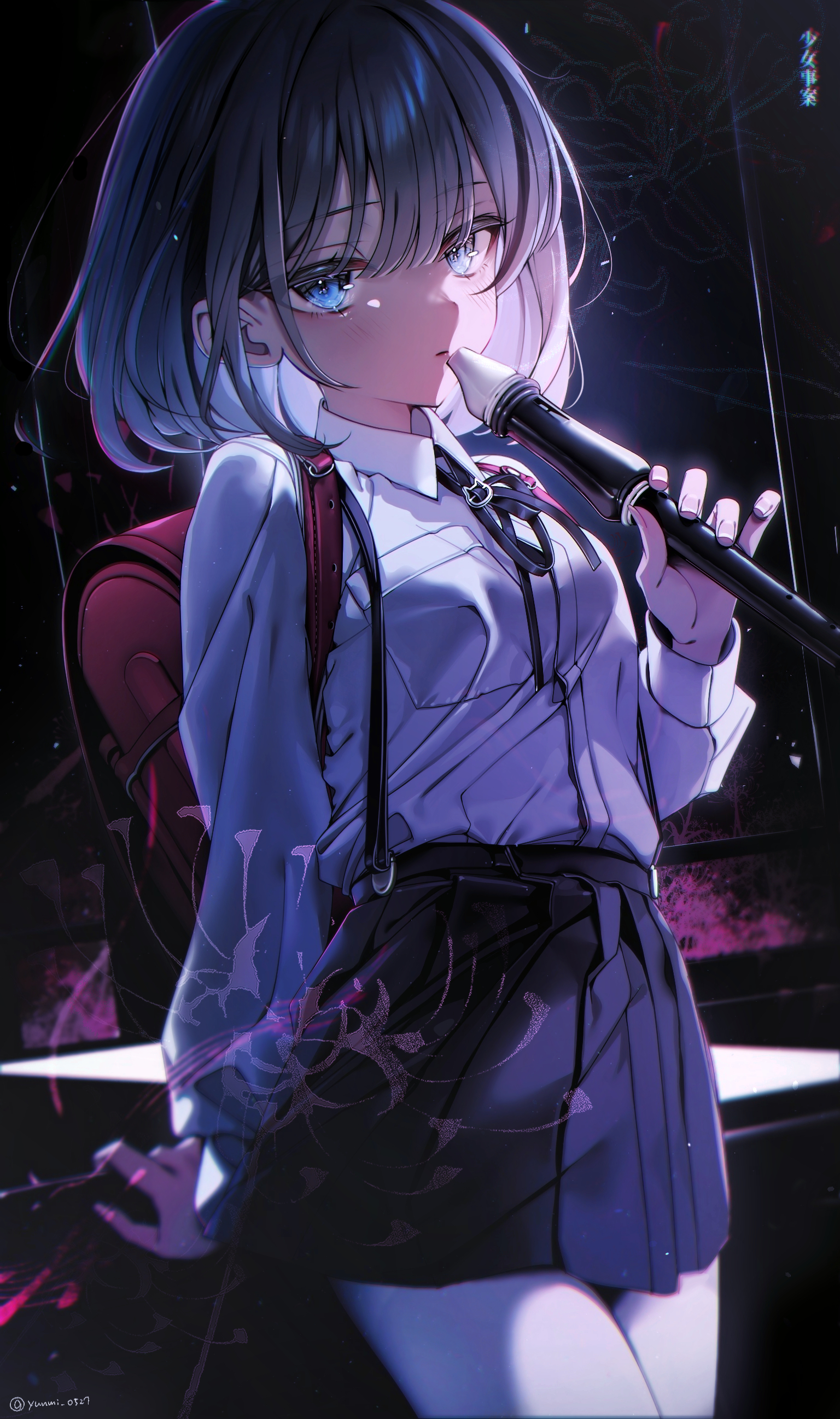 the image is a digital artwork depicting an animestyle girl with short, bluishgrey hair and striking blue eyes.  she's wearing a schoollike uniform consisting of a longsleeved, light purple blouse, a dark purple pleated skirt, and suspenders.  a red backpack strap is visible over her shoulder. she's playing a clarinet, holding it delicately.  the background is dark and moody, with hints of purple and shadowy textures that add to a mysterious and somewhat magical atmosphere. the overall style is elegant and stylish, characteristic of contemporary anime illustration. the lighting focuses on the girl, contrasting her with the darker surroundings.