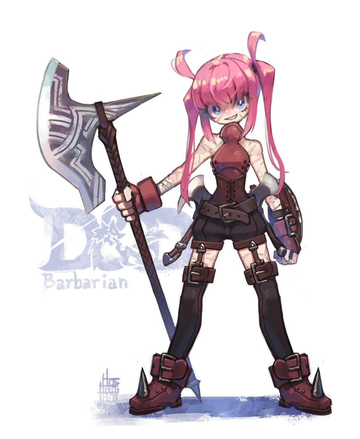 this is a digital illustration of an anime girl dressed as a barbarian. she is holding a large axe in her right hand and has a shield strapped to her left arm. she is wearing red leather armor with a black belt and straps, and her hair is long and pink with blue eyes. she has a determined expression on her face.