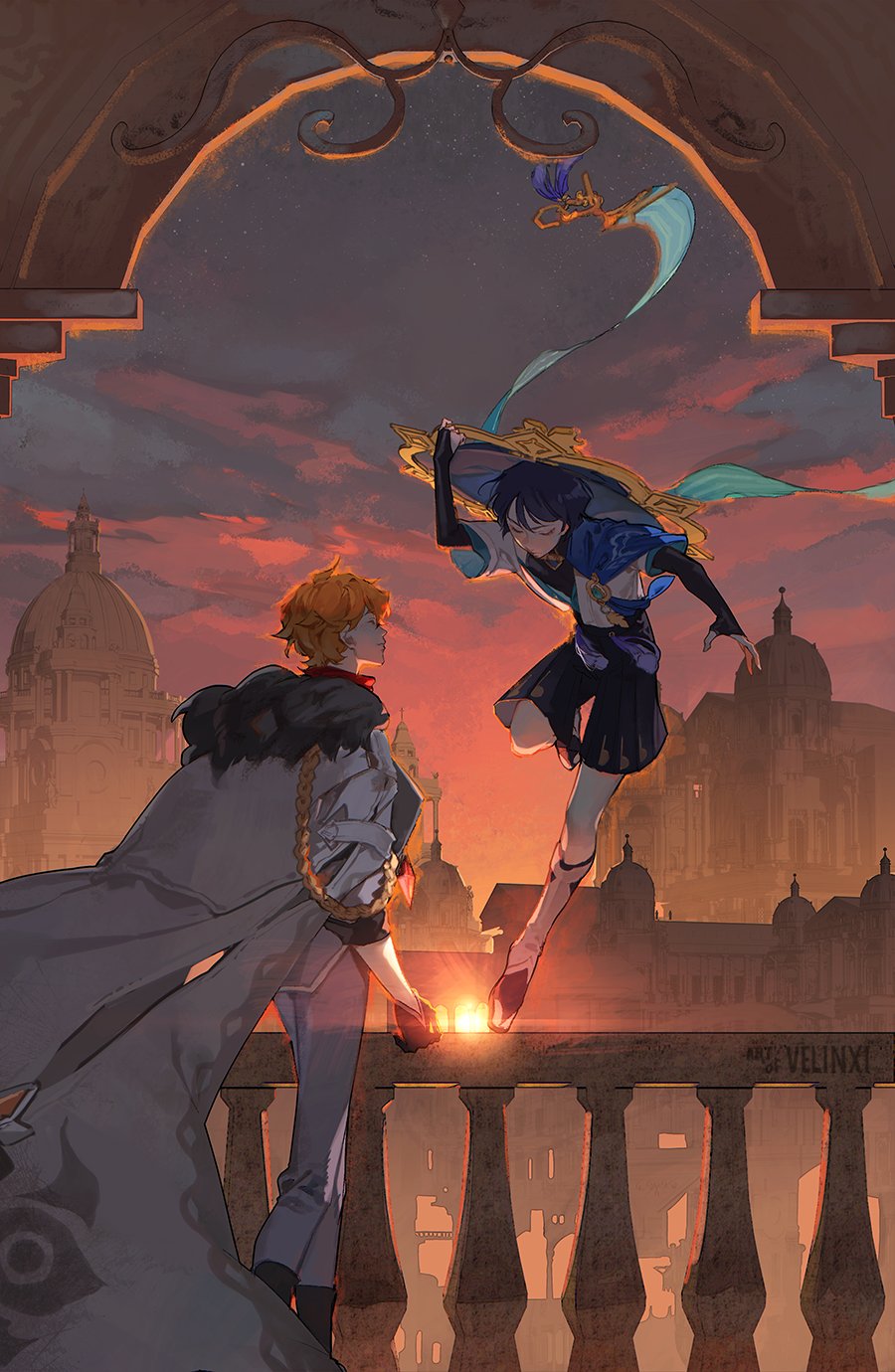 a digital illustration depicts two characters, childe and scaramouche from genshin impact, set against a fantasy cityscape at sunset. childe is standing on a balcony, wearing a long gray cape with a fur collar, looking towards scaramouche. scaramouche is midair, wearing a blue and black outfit with a large hat adorned with light blue ribbons. the background features stylized buildings reminiscent of european architecture, with a fiery sunset coloring the sky. an arched frame above the characters adds depth to the composition.