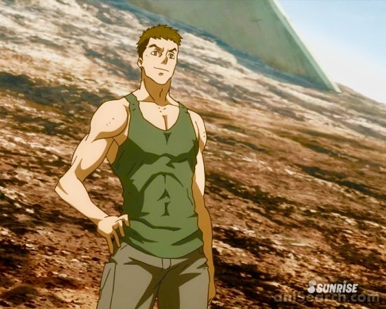 this is an image of a muscular anime character in a tank top. the character is a young man with a serious expression on his face. he is standing on a dirt path and has a sunset behind him.  the background is mostly brown, but has a large green object.