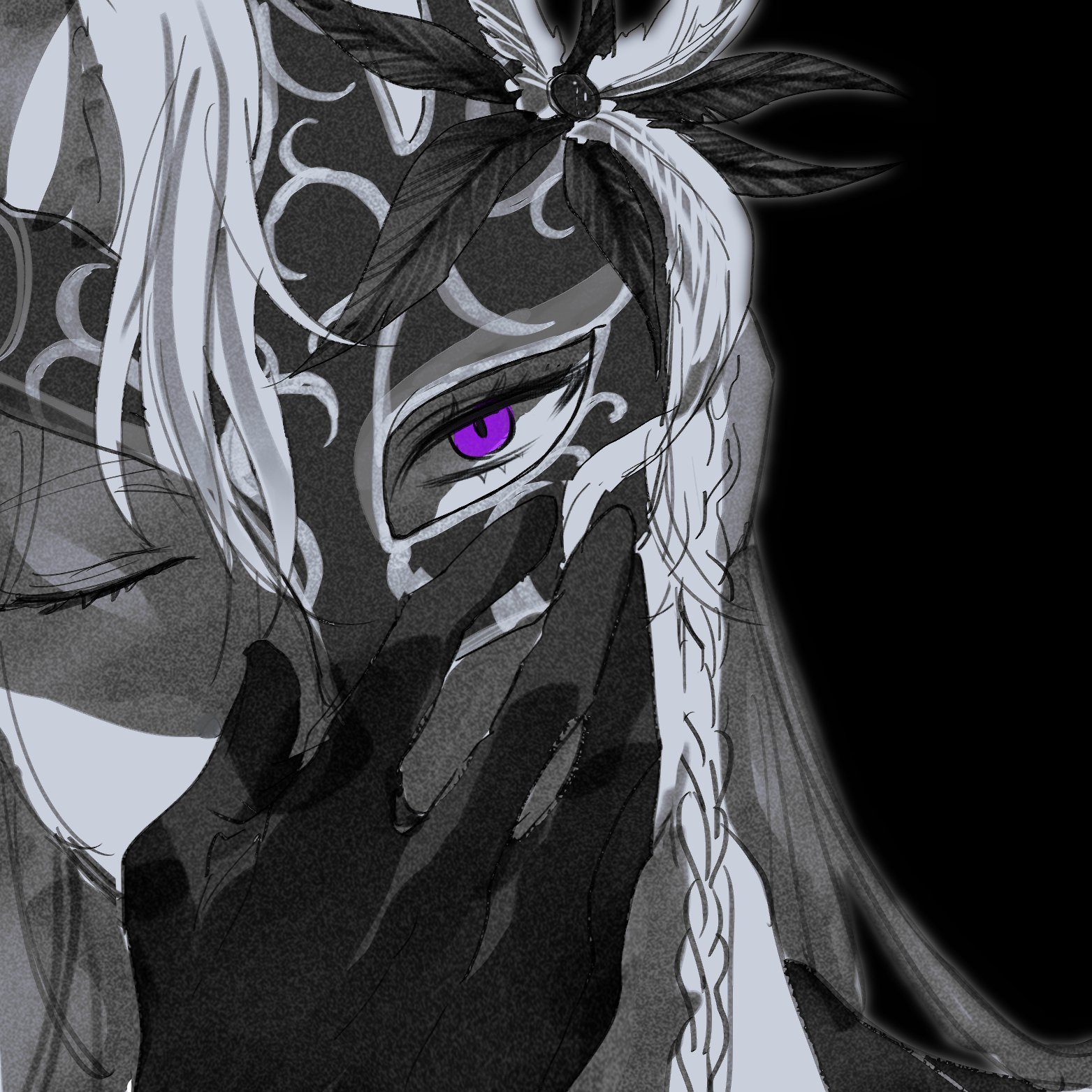 a closeup of an anime girl with long white hair wearing a black and white masquerade mask with a single purple eye peering out. the girl's hand is covering her face, and the background is black. the image has a mysterious and elegant feel to it.