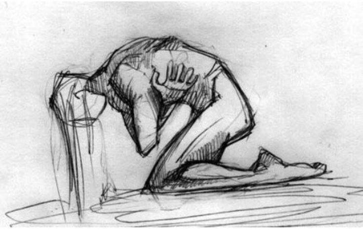 a pencil sketch of a person sitting with their head down and one hand on their chest.  the drawing suggests sadness and despair.