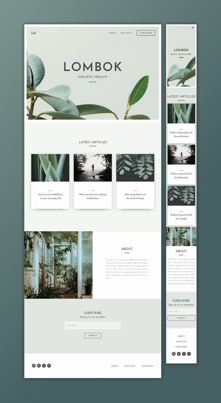 this is a screenshot of a website for a holistic health brand called "lombok". the website has a clean and modern design with a minimalist aesthetic. the website's header features the brand name, "lombok" and a tagline, "holistic health".  it includes a section for "latest articles" with featured articles showcasing the latest blog posts, and another section with "about" information. it also includes a call to action to "subscribe" to the website. the website uses a lot of white space and green imagery to create a serene and calming effect.