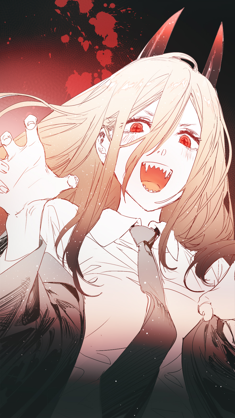the image shows power from chainsaw man, depicted in an anime/manga style. she has long blonde hair and red eyes, with horns protruding from her head. she's wearing a suit and tie, and has an open mouth revealing sharp fangs. her hand is reaching out towards the viewer. there's blood splattered in the background, indicating her devilish nature.