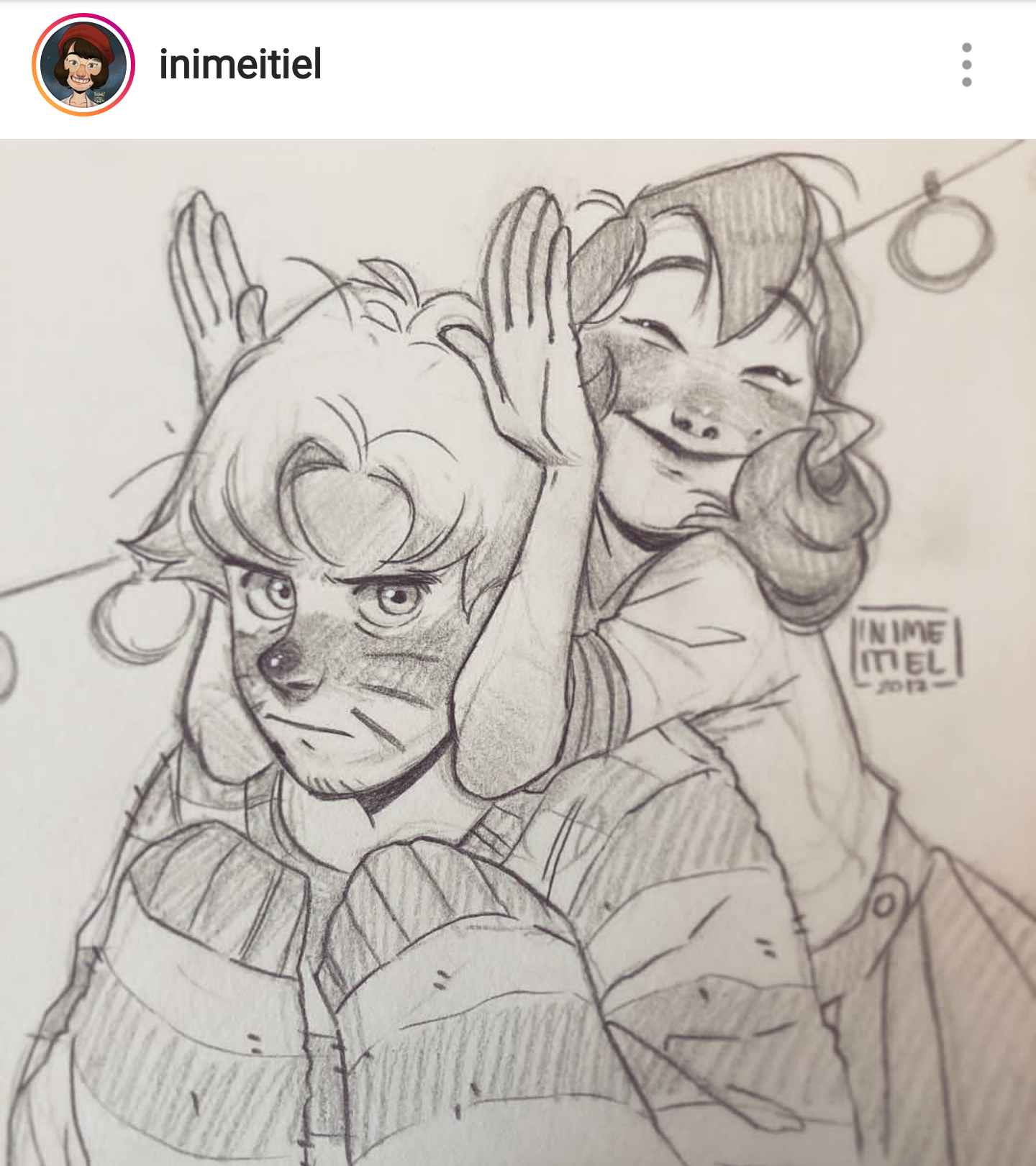 a black and white sketch of a couple. the woman is hugging the man from behind and playfully making bunny ears on his head.  the man looks less than amused while the woman has a mischievous grin on her face.  there is a clothesline with rings in the background.