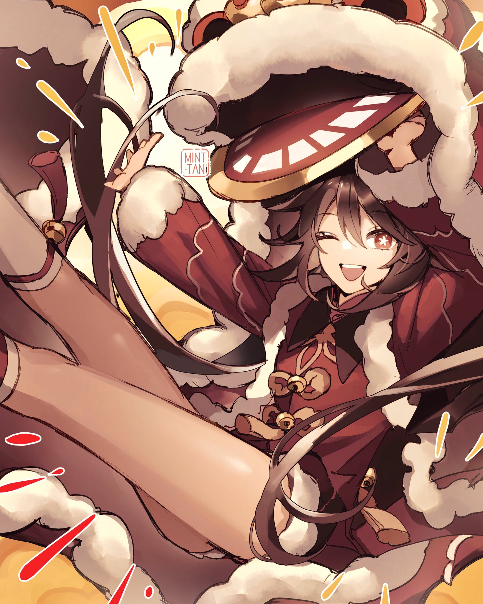 the image is a digital illustration of an anime girl dressed in a lion dance costume. she is smiling and happy, and her long black hair is flowing around her. the costume is red and white with fur trim. she is holding the lion's head in her hand. the background is a yellow and red blur.